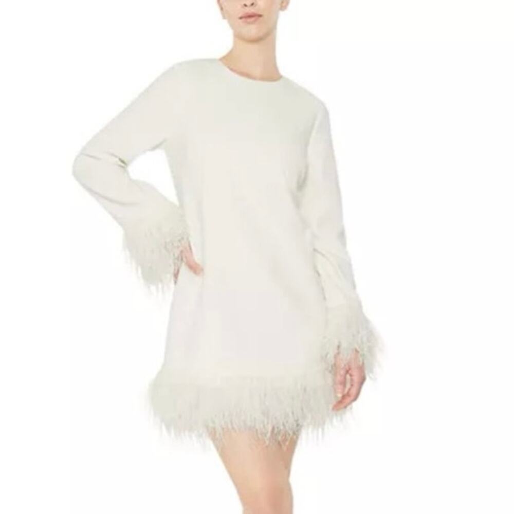Likely Marullo Ostrich Feather Trim White Sheath Wedding Revolve Mini Dress 0